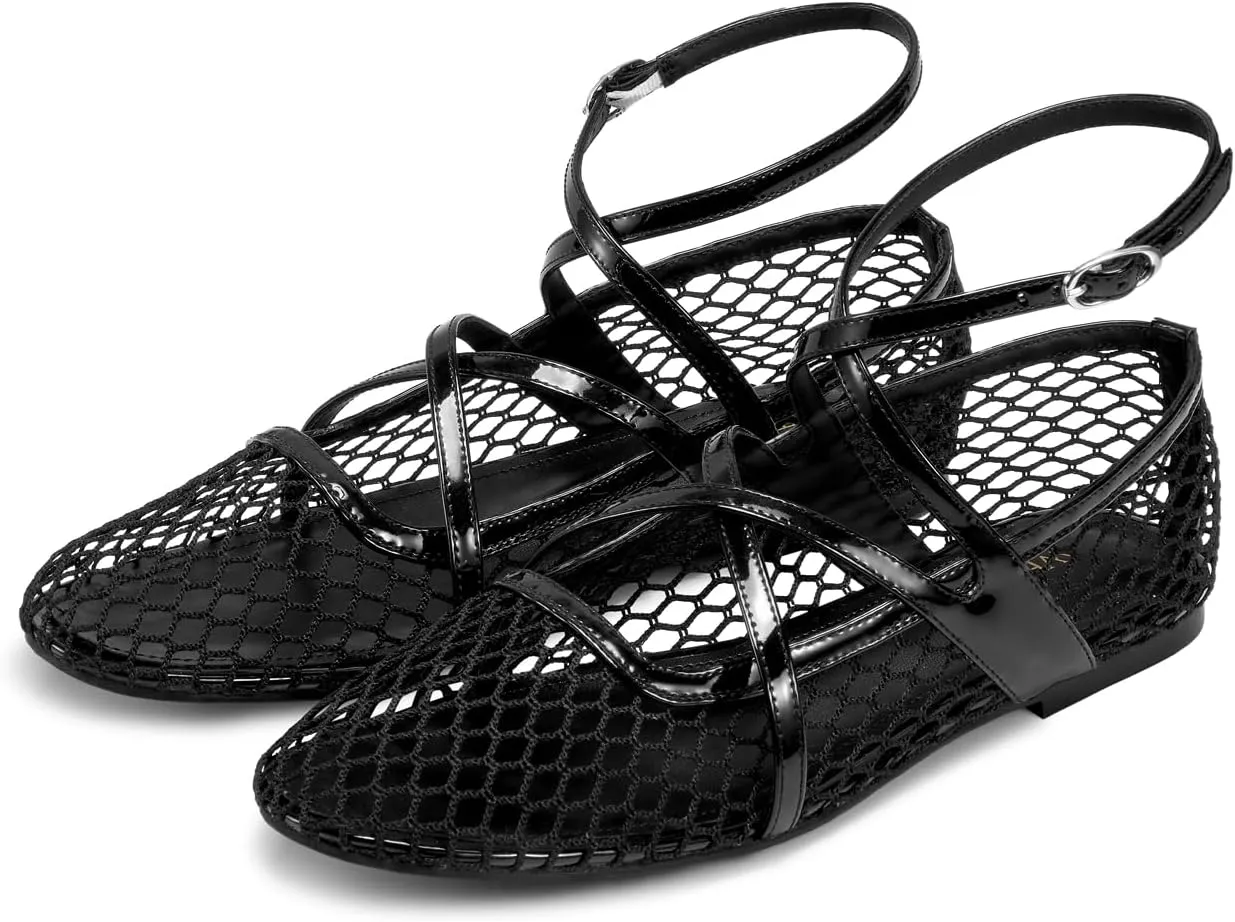 wetkiss Mesh Ballet Flats for Women Round Toe Ballerina Flats Shoes Comfortable Adjustable Ankle Strap Fishnet Mary Jane Flats