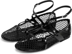 wetkiss Mesh Ballet Flats for Women Round Toe Ballerina Flats Shoes Comfortable Adjustable Ankle Strap Fishnet Mary Jane Flats