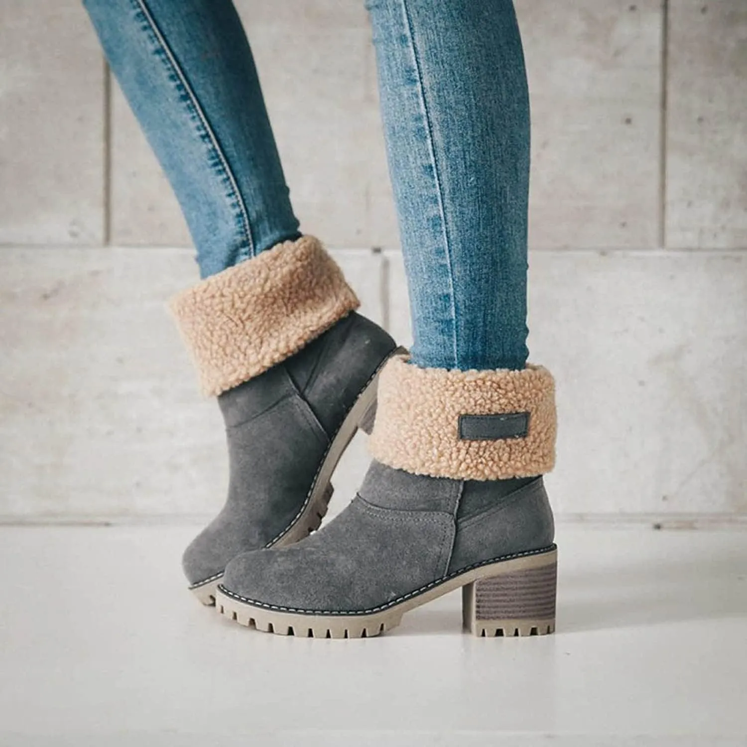 Winter Boots for Women, Comfortable Slip On Mid Chunky Heel Suede Warm Snow Ankle Boots Outdoor Shoes