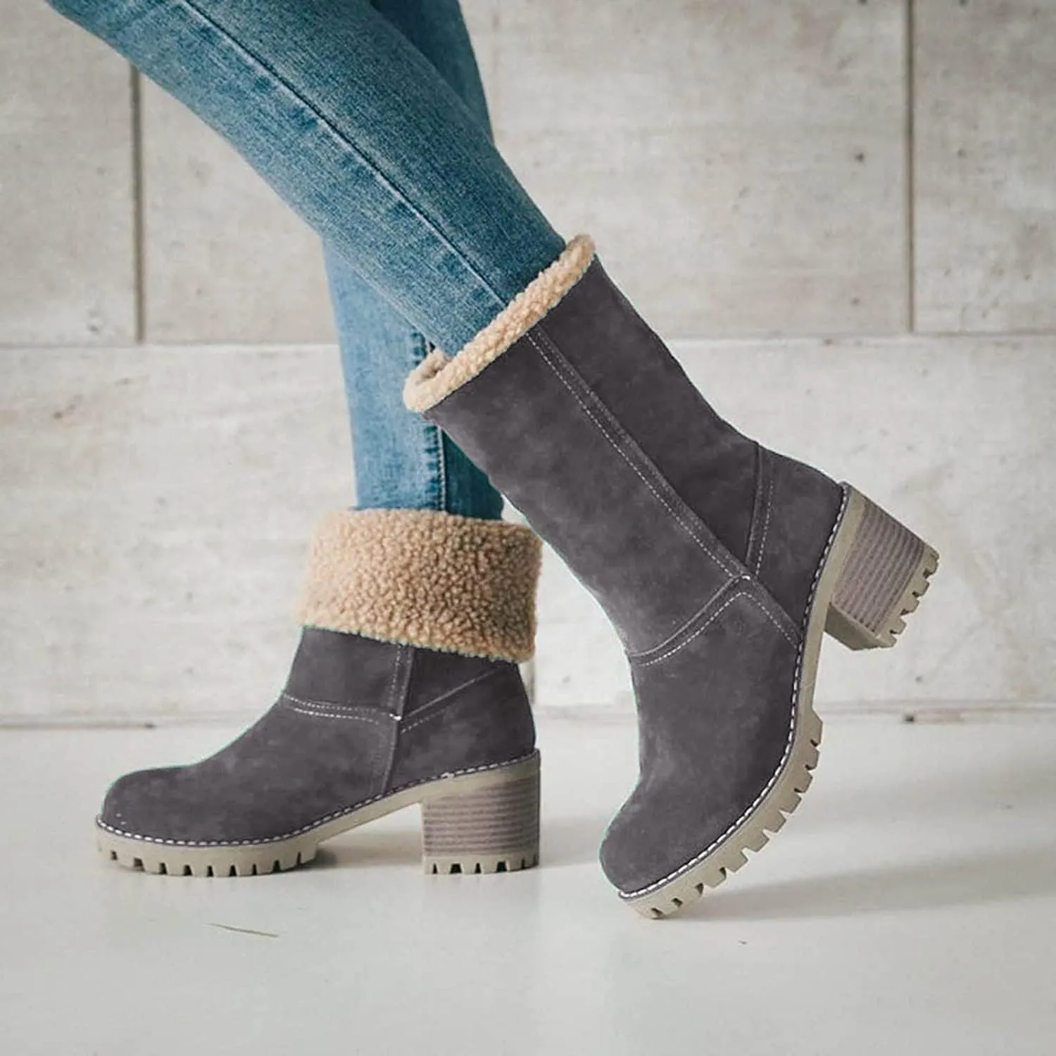 Winter Boots for Women, Comfortable Slip On Mid Chunky Heel Suede Warm Snow Ankle Boots Outdoor Shoes