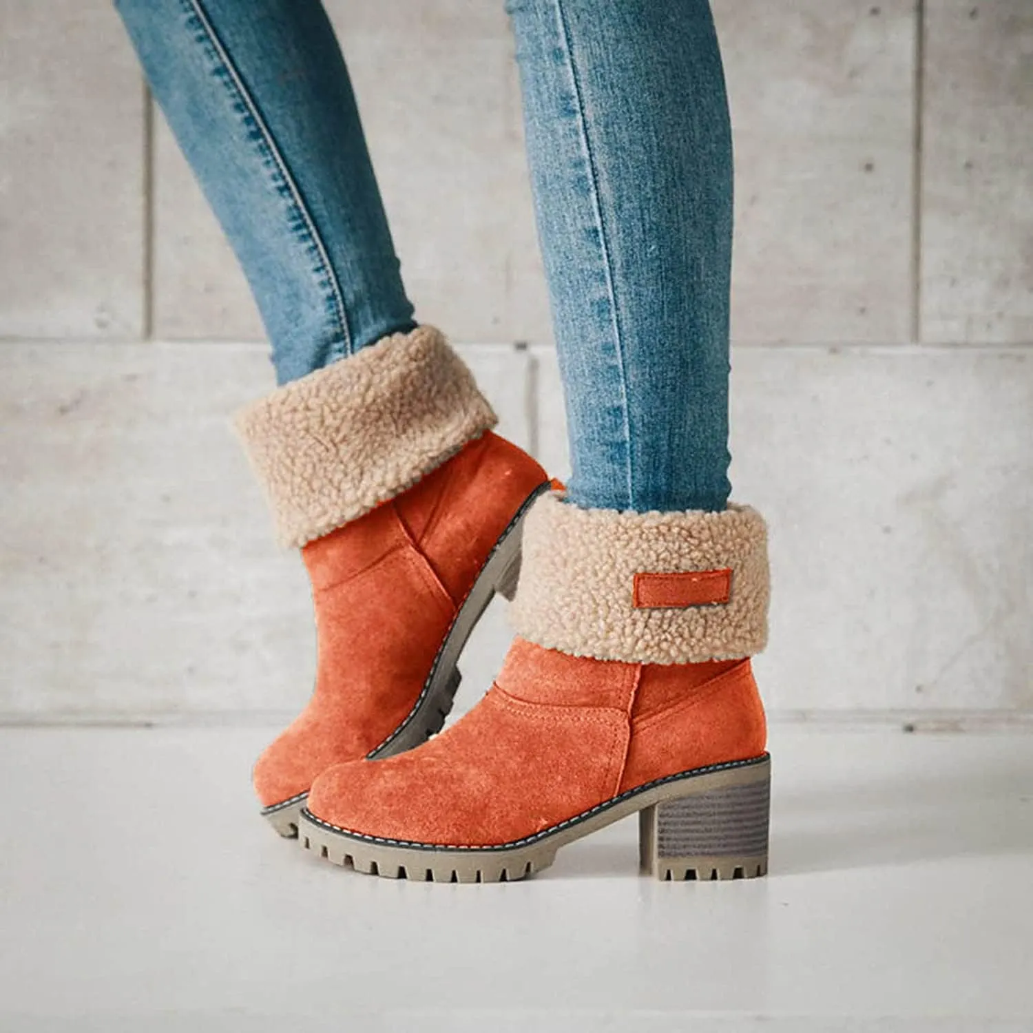 Winter Boots for Women, Comfortable Slip On Mid Chunky Heel Suede Warm Snow Ankle Boots Outdoor Shoes
