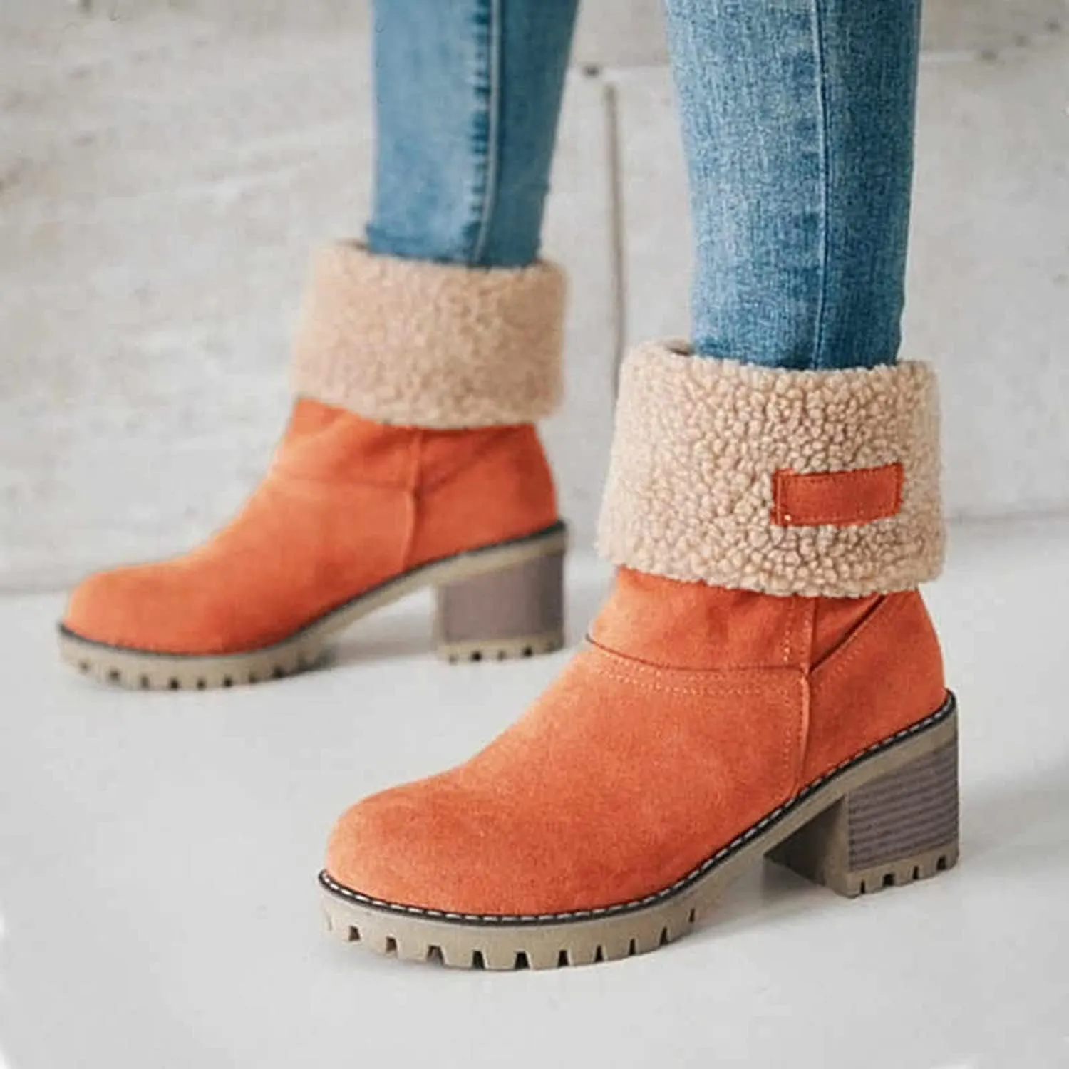 Winter Boots for Women, Comfortable Slip On Mid Chunky Heel Suede Warm Snow Ankle Boots Outdoor Shoes