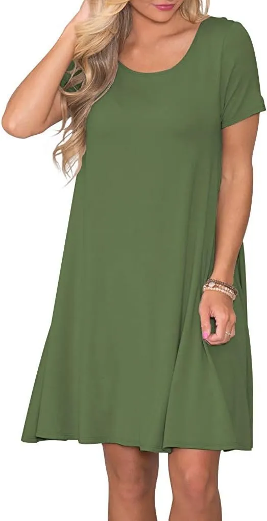 WNEEDU Women's Summer Casual T Shirt Dresses Short Sleeve Swing Dress with Pockets