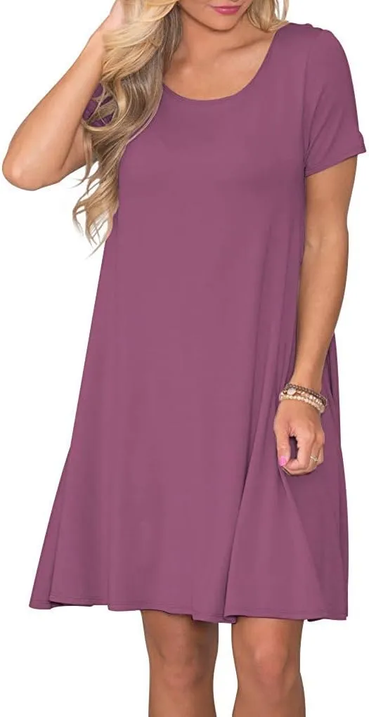 WNEEDU Women's Summer Casual T Shirt Dresses Short Sleeve Swing Dress with Pockets