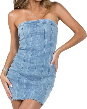 Women Sexy Strapless Tube Mini Dress 3D Print Denim Jeans Off Shoulder Bandeau Bodycon Dresses