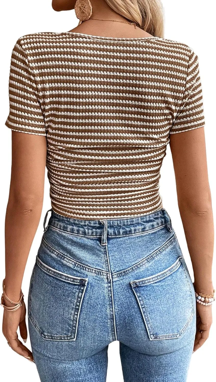 Women Summer Short Sleeve Shirts Ruched Tops Sexy Square Neck Blouses Going Out Knit T Shirt Basic Tees