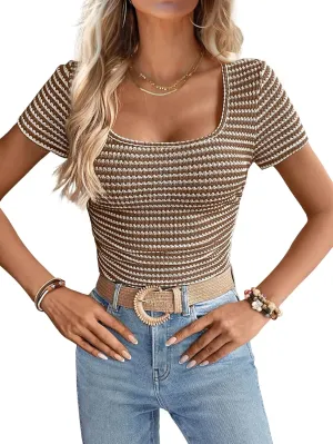 Women Summer Short Sleeve Shirts Ruched Tops Sexy Square Neck Blouses Going Out Knit T Shirt Basic Tees