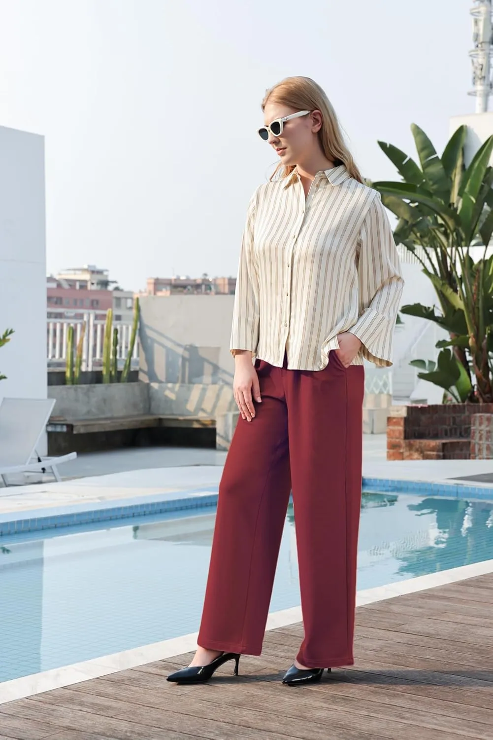 Women Wide Leg Dress Pants High Elastic Waisted Work Business Office Pants Casual Slacks Trousers with Pockets 29"