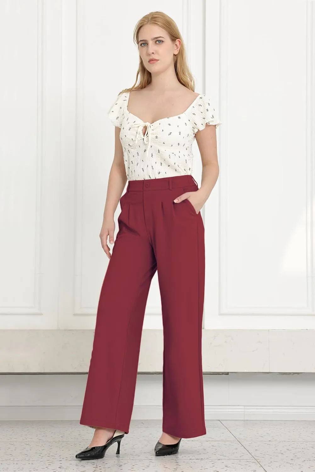 Women Wide Leg Dress Pants High Elastic Waisted Work Business Office Pants Casual Slacks Trousers with Pockets 29"