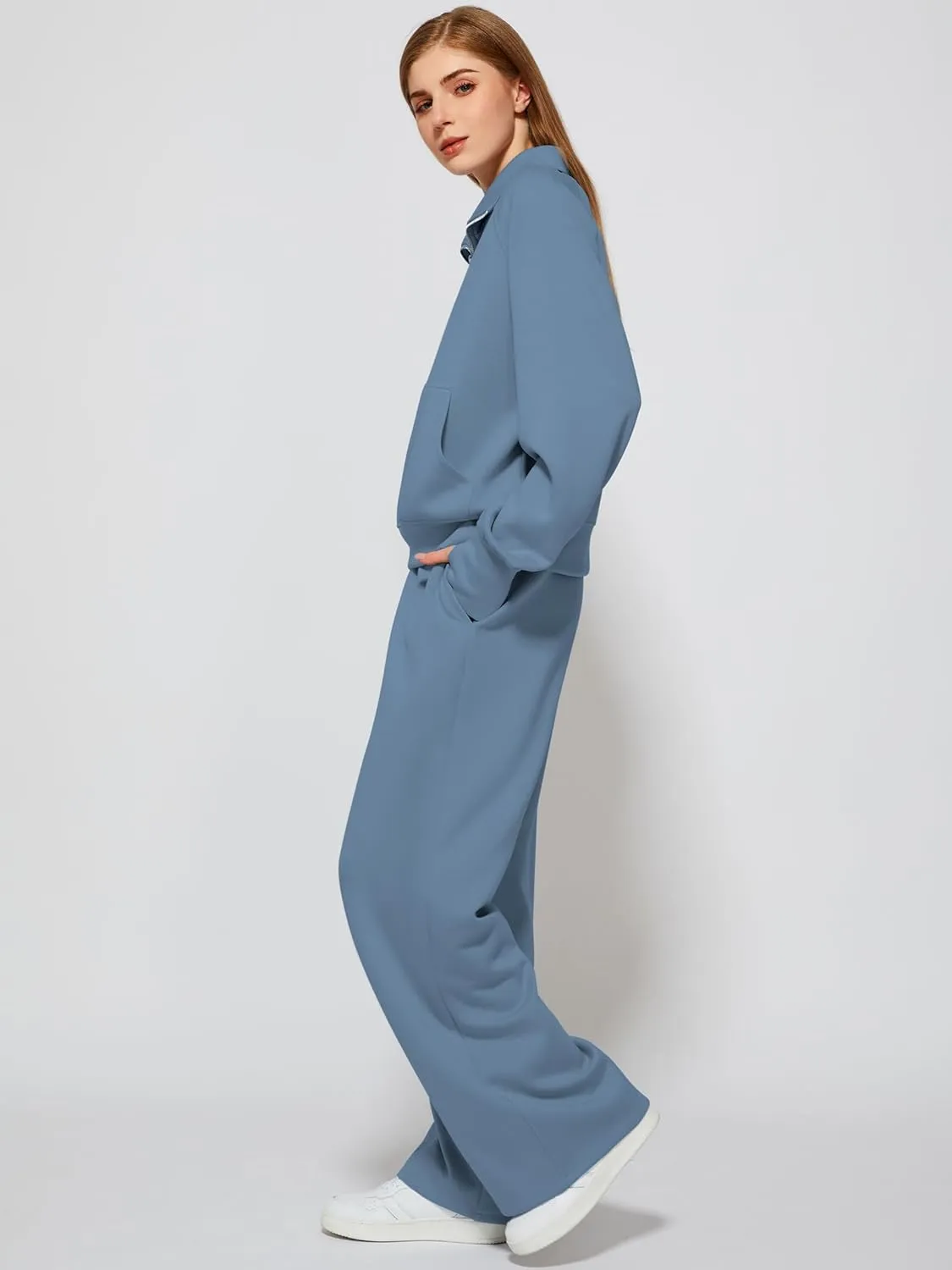 Women's 2 Piece Outfits Lounge Set 2025 Oversized Half Zip Sweatshirt Wide Leg Sweatpant Set Sweatsuit Tracksuit