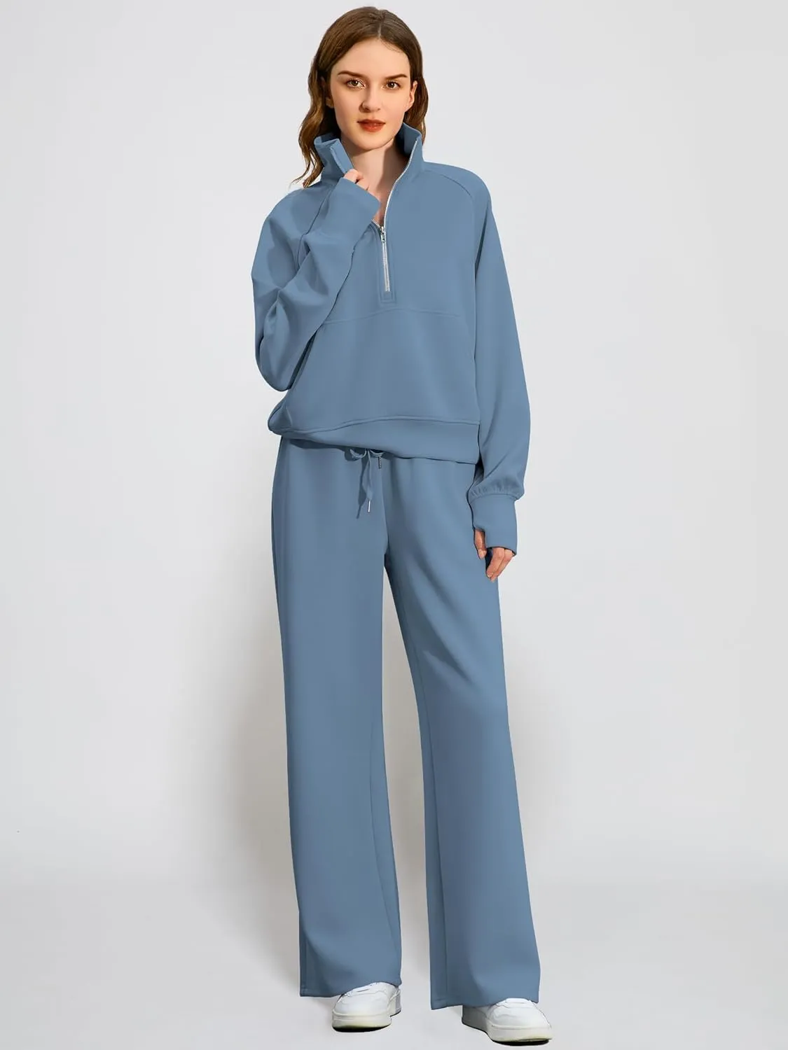 Women's 2 Piece Outfits Lounge Set 2025 Oversized Half Zip Sweatshirt Wide Leg Sweatpant Set Sweatsuit Tracksuit