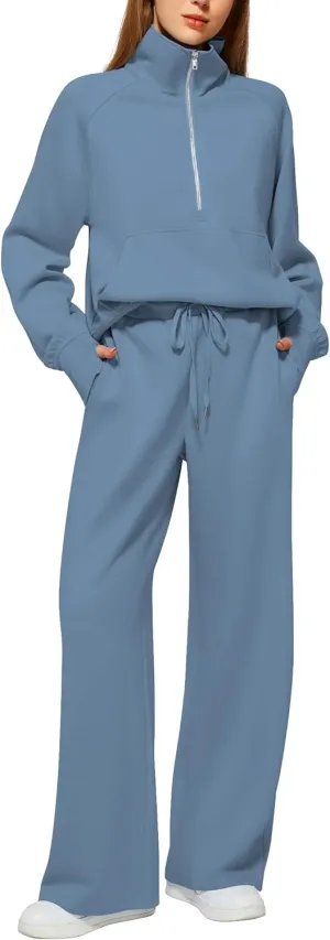 Women's 2 Piece Outfits Lounge Set 2025 Oversized Half Zip Sweatshirt Wide Leg Sweatpant Set Sweatsuit Tracksuit