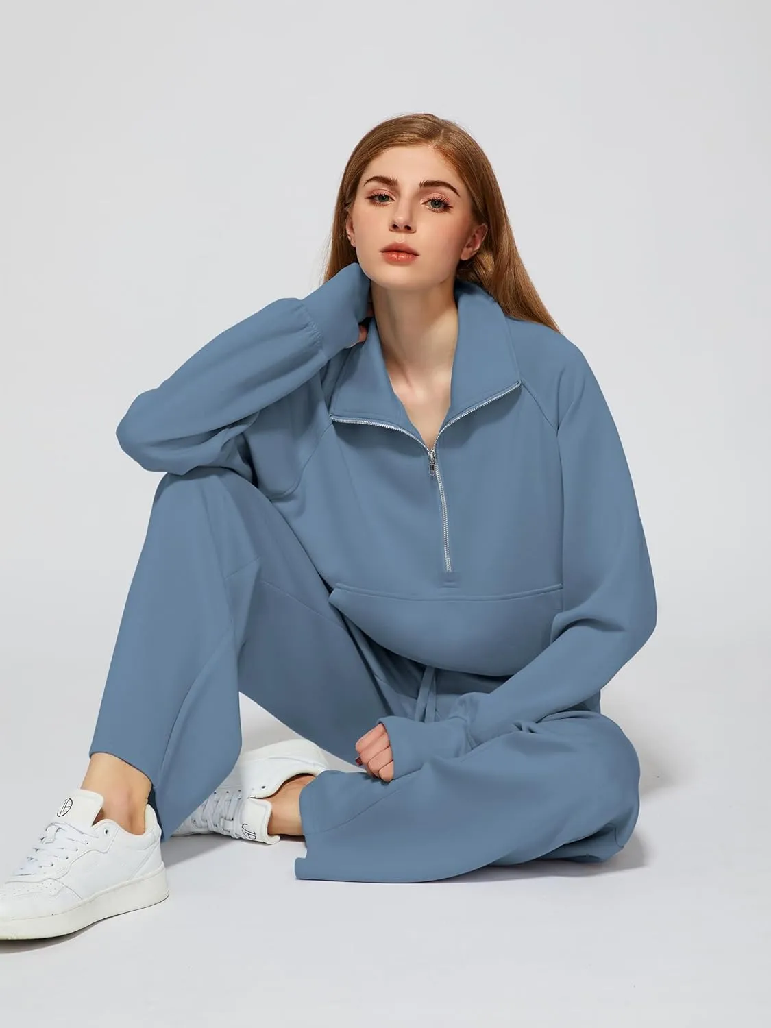 Women's 2 Piece Outfits Lounge Set 2025 Oversized Half Zip Sweatshirt Wide Leg Sweatpant Set Sweatsuit Tracksuit