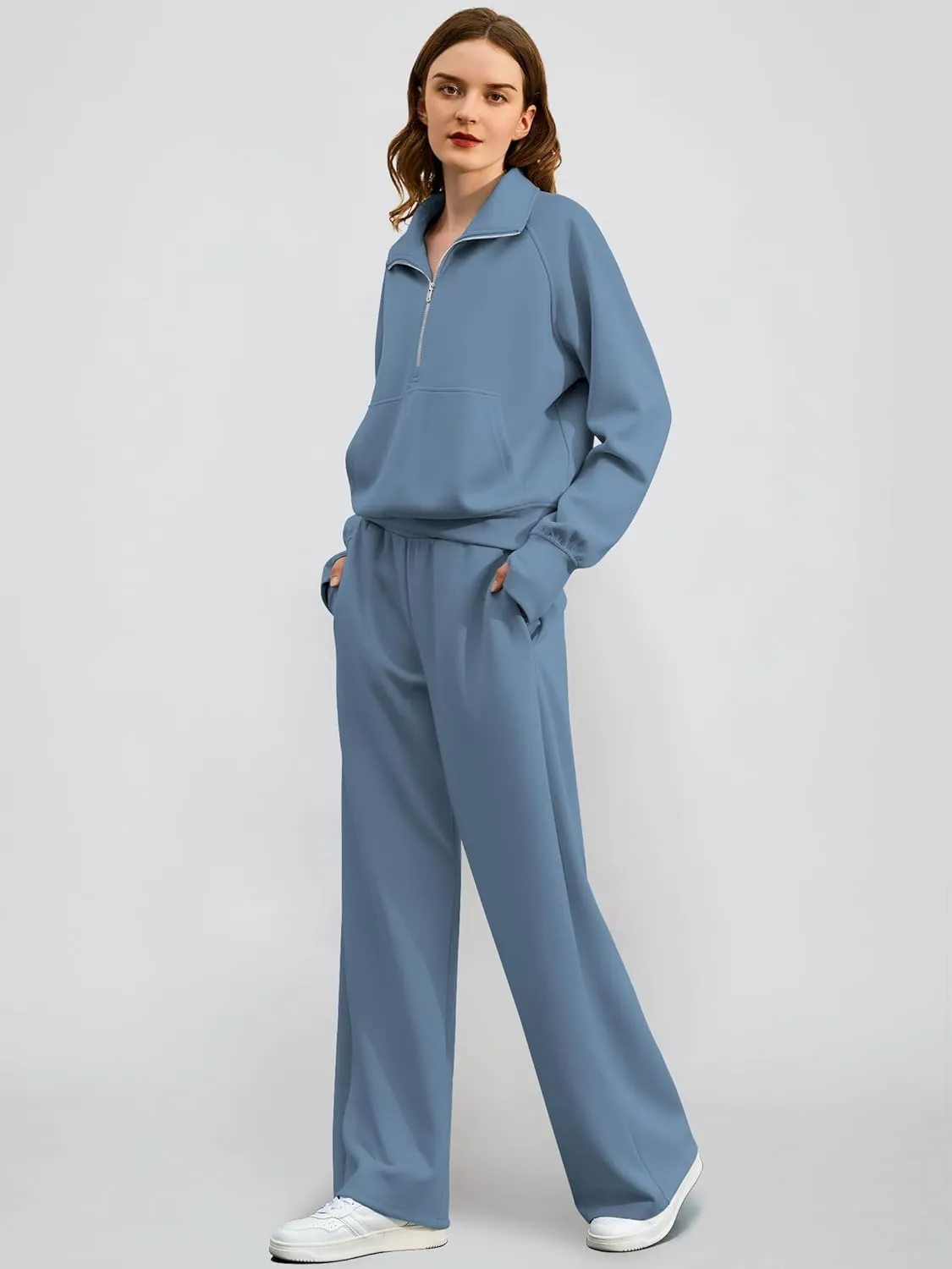 Women's 2 Piece Outfits Lounge Set 2025 Oversized Half Zip Sweatshirt Wide Leg Sweatpant Set Sweatsuit Tracksuit