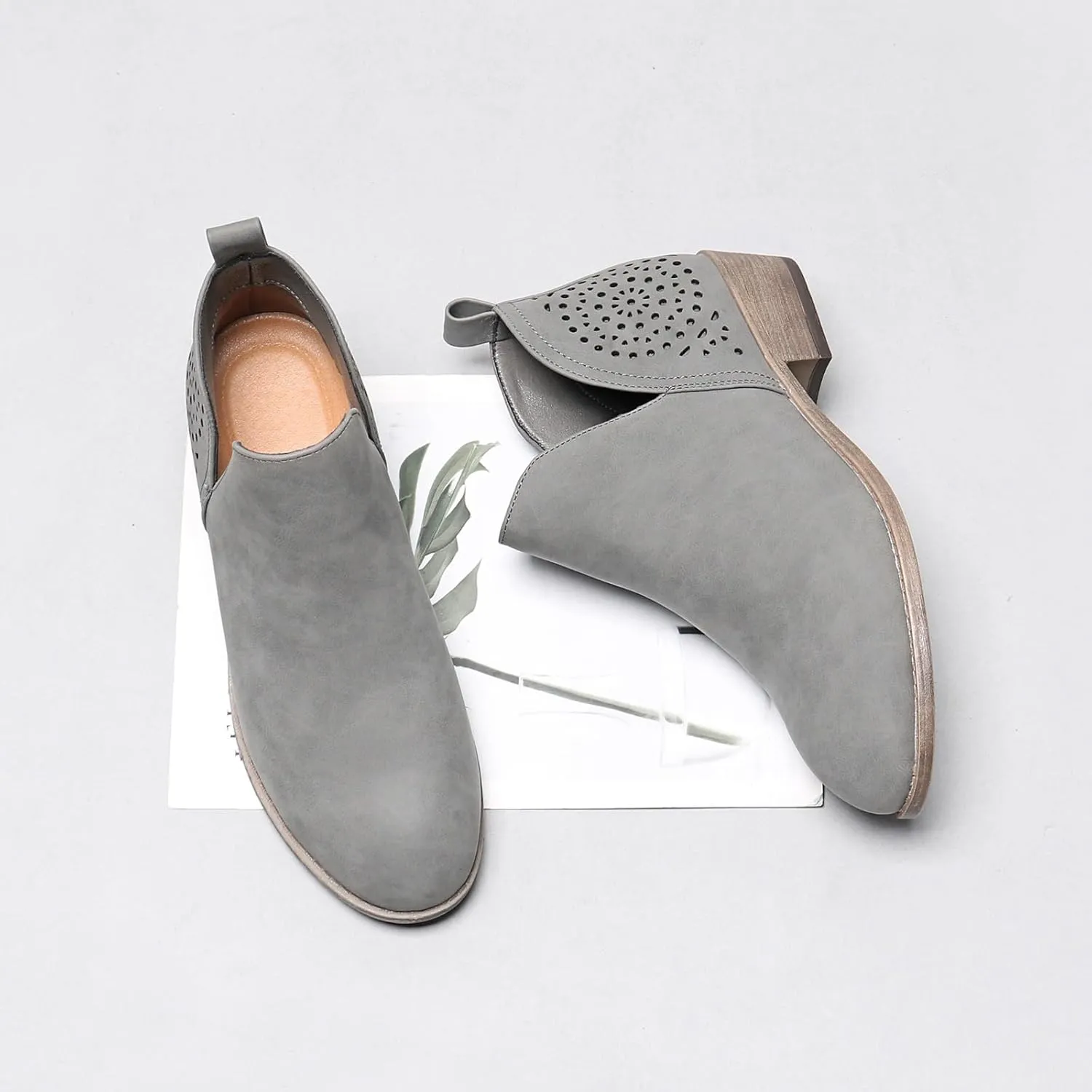 Women's Ankle Boots Low Heels Chunky Perforated Western Shoes Casual Round Toe Cutout Booties