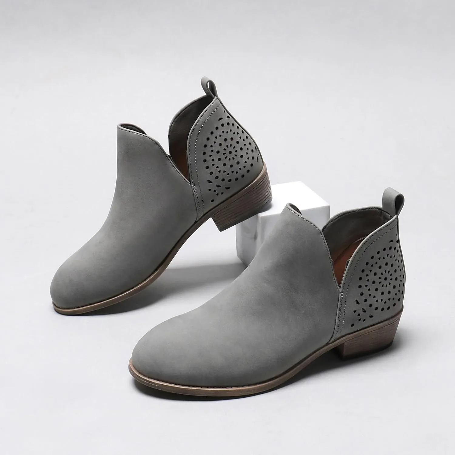 Women's Ankle Boots Low Heels Chunky Perforated Western Shoes Casual Round Toe Cutout Booties