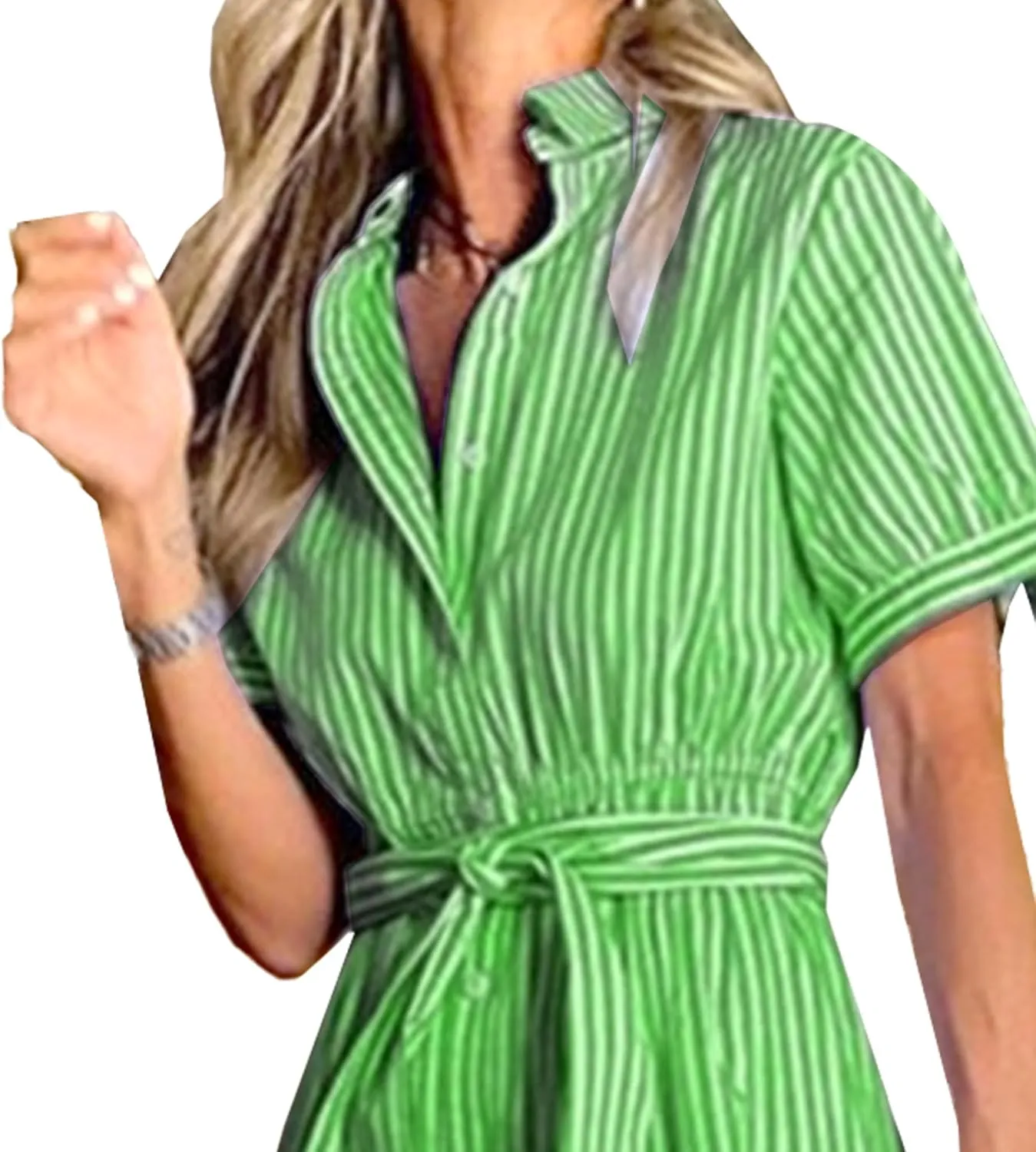 Womens Casual Short Sleeve Button Down Collar Pinstripe Maxi Shirt Dress Tie Waist Ruffled Midi Dresses