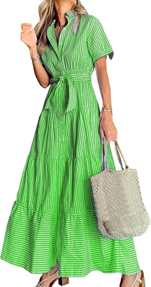 Womens Casual Short Sleeve Button Down Collar Pinstripe Maxi Shirt Dress Tie Waist Ruffled Midi Dresses