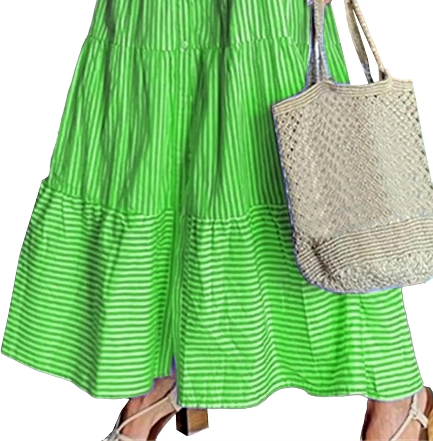 Womens Casual Short Sleeve Button Down Collar Pinstripe Maxi Shirt Dress Tie Waist Ruffled Midi Dresses