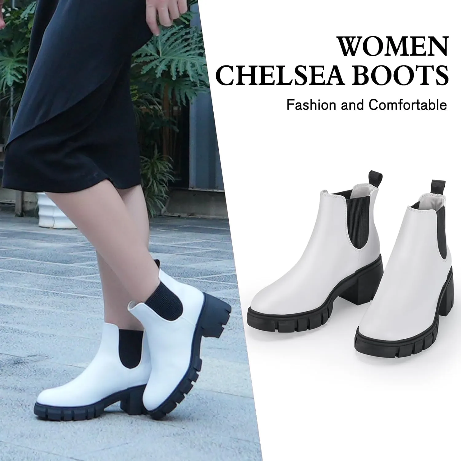 Women's Chelsea Boots Platform Ankle Boots Elastic Fashion Lug Sole Chunky Heel Booties