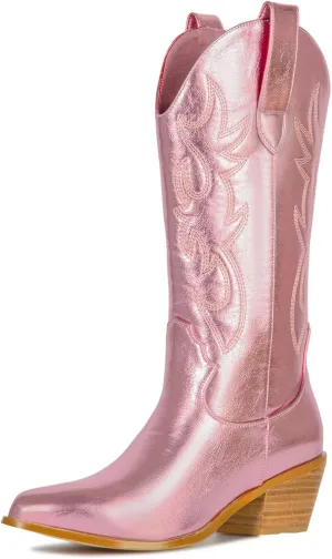 Women's Cowgirl Embroidered Western Cowboy Boots, Mid Calf Booties Pointed Toe Chunky Heel Pull On Fashion Design for Ladies, Party and Outdoor