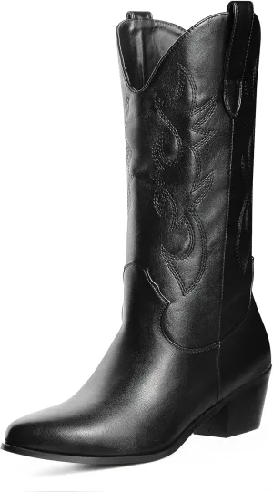 Women's Cowgirl Embroidered Western Cowboy Boots, Mid Calf Booties Pointed Toe Chunky Heel Pull On Fashion Design for Ladies, Party and Outdoor