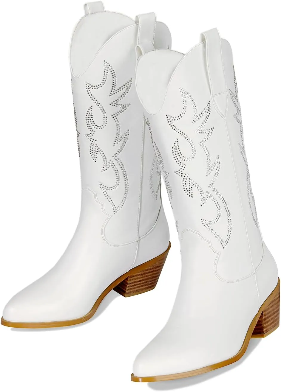 Women's Cowgirl Embroidered Western Cowboy Boots, Mid Calf Booties Pointed Toe Chunky Heel Pull On Fashion Design for Ladies, Party and Outdoor