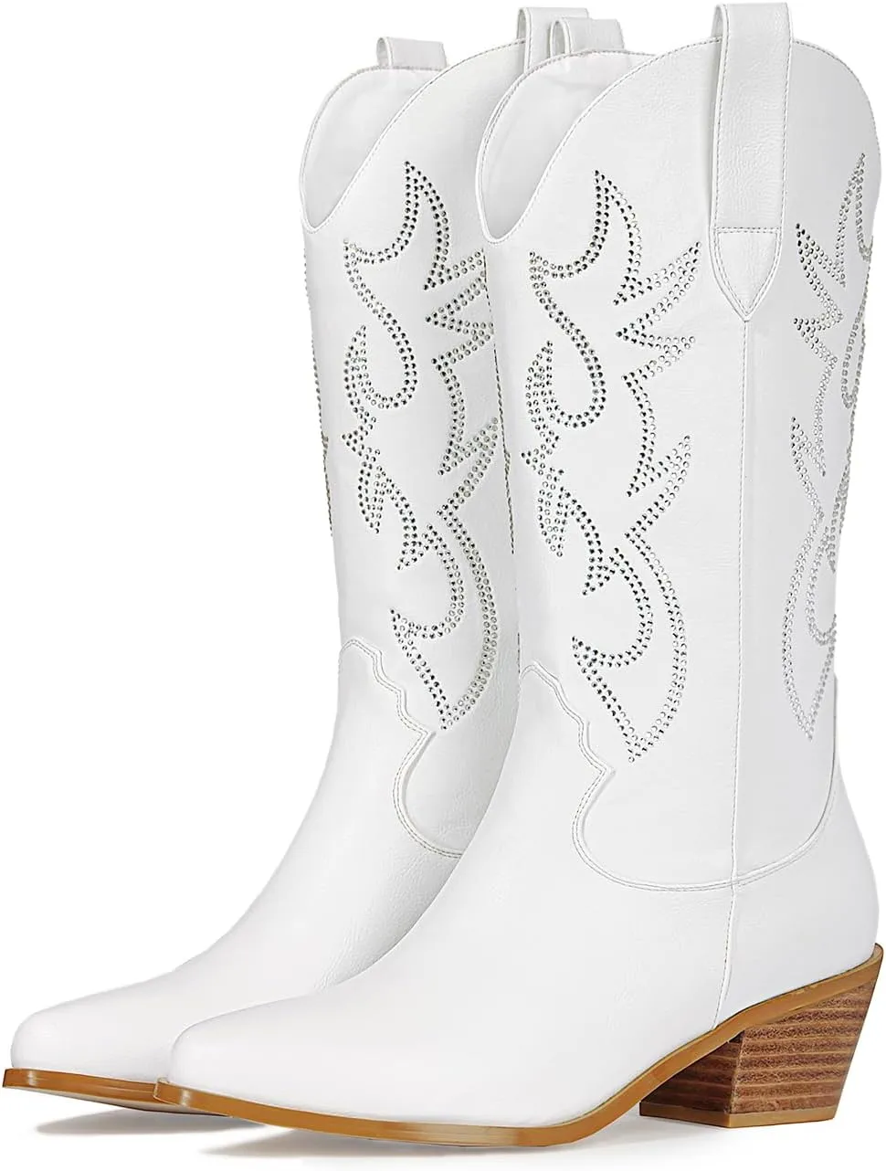 Women's Cowgirl Embroidered Western Cowboy Boots, Mid Calf Booties Pointed Toe Chunky Heel Pull On Fashion Design for Ladies, Party and Outdoor
