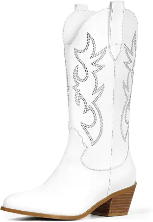 Women's Cowgirl Embroidered Western Cowboy Boots, Mid Calf Booties Pointed Toe Chunky Heel Pull On Fashion Design for Ladies, Party and Outdoor