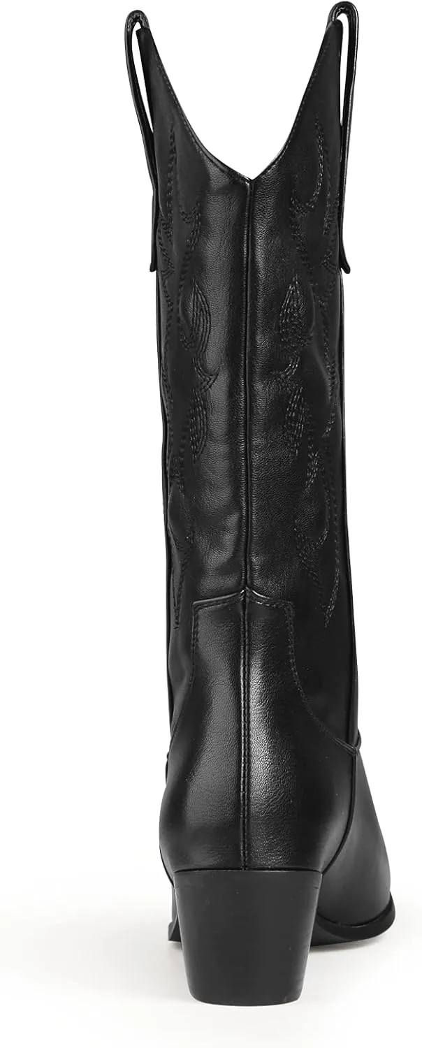 Women's Cowgirl Embroidered Western Cowboy Boots, Mid Calf Booties Pointed Toe Chunky Heel Pull On Fashion Design for Ladies, Party and Outdoor