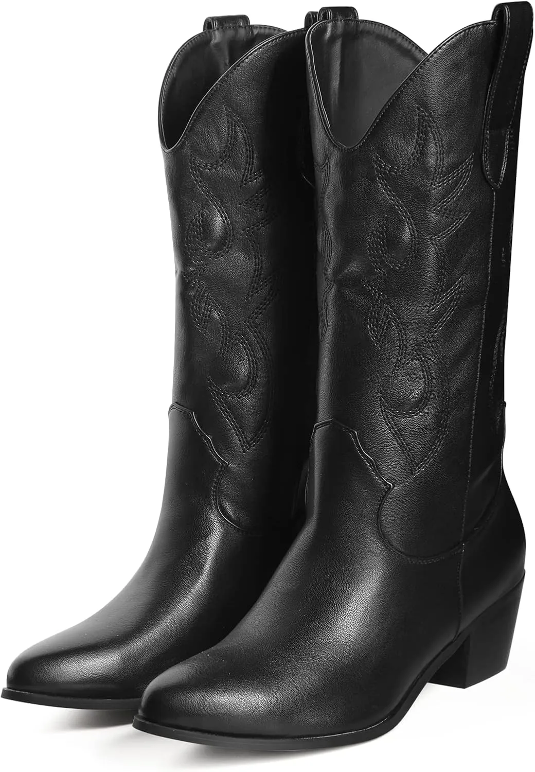 Women's Cowgirl Embroidered Western Cowboy Boots, Mid Calf Booties Pointed Toe Chunky Heel Pull On Fashion Design for Ladies, Party and Outdoor