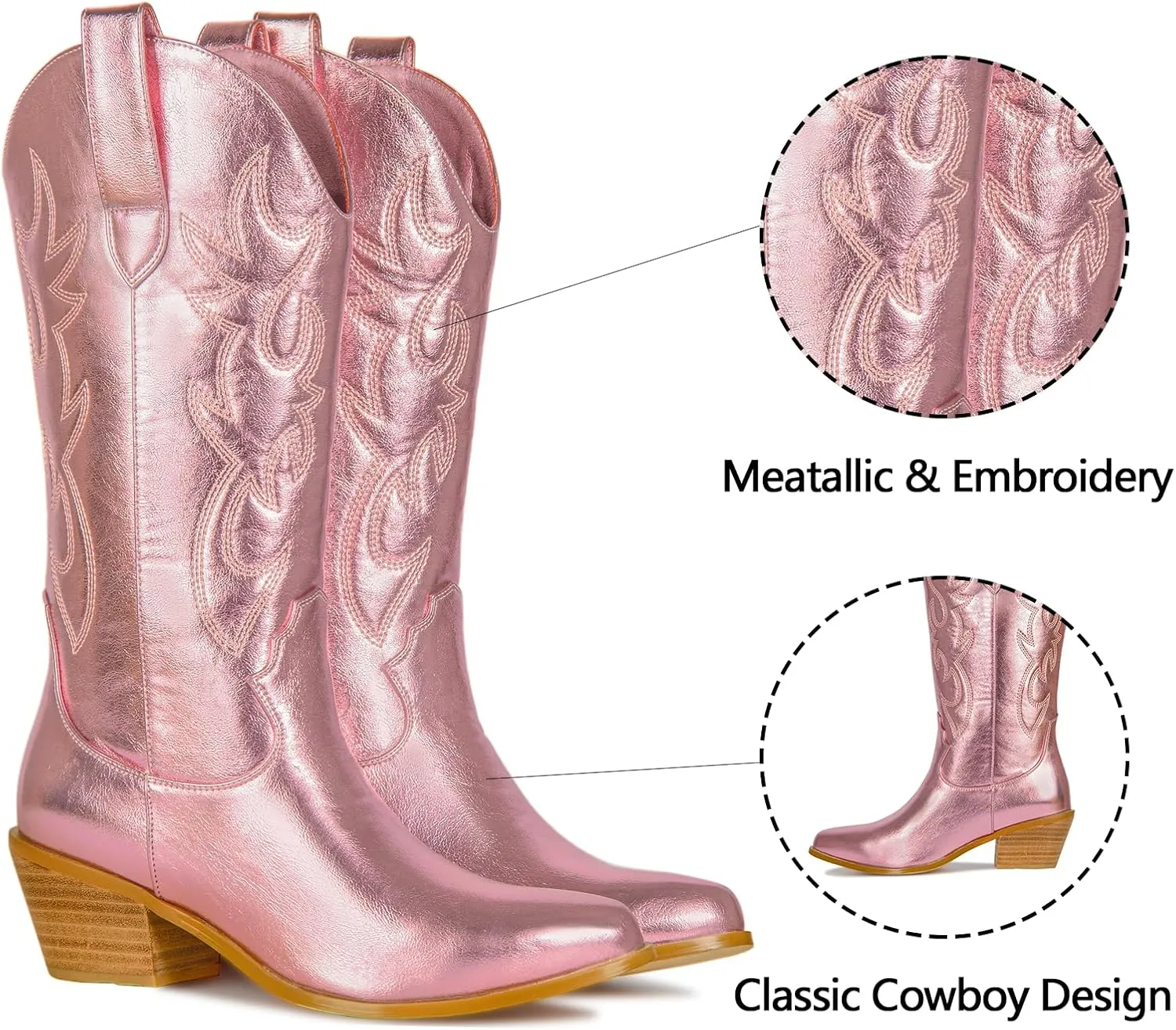 Women's Cowgirl Embroidered Western Cowboy Boots, Mid Calf Booties Pointed Toe Chunky Heel Pull On Fashion Design for Ladies, Party and Outdoor