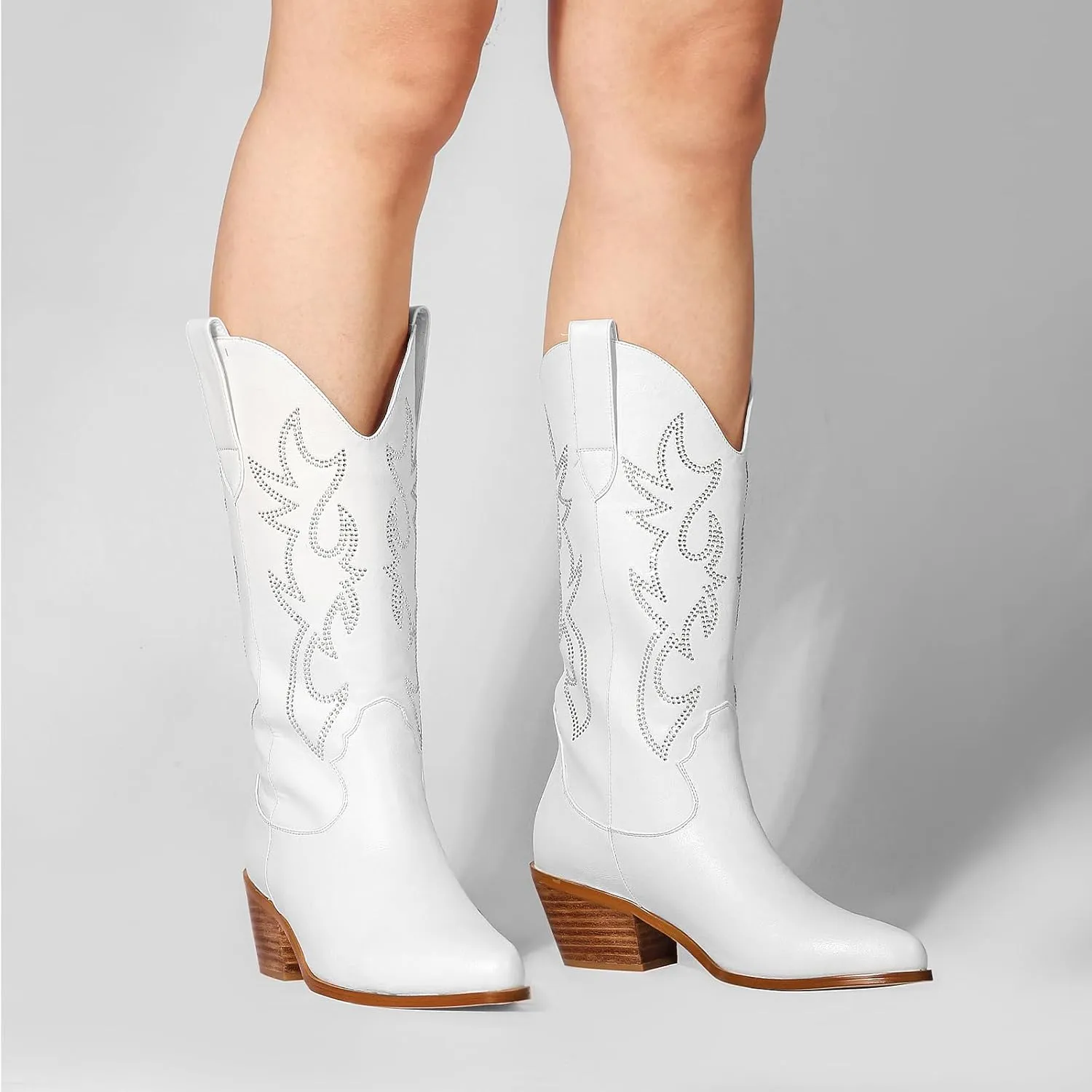 Women's Cowgirl Embroidered Western Cowboy Boots, Mid Calf Booties Pointed Toe Chunky Heel Pull On Fashion Design for Ladies, Party and Outdoor