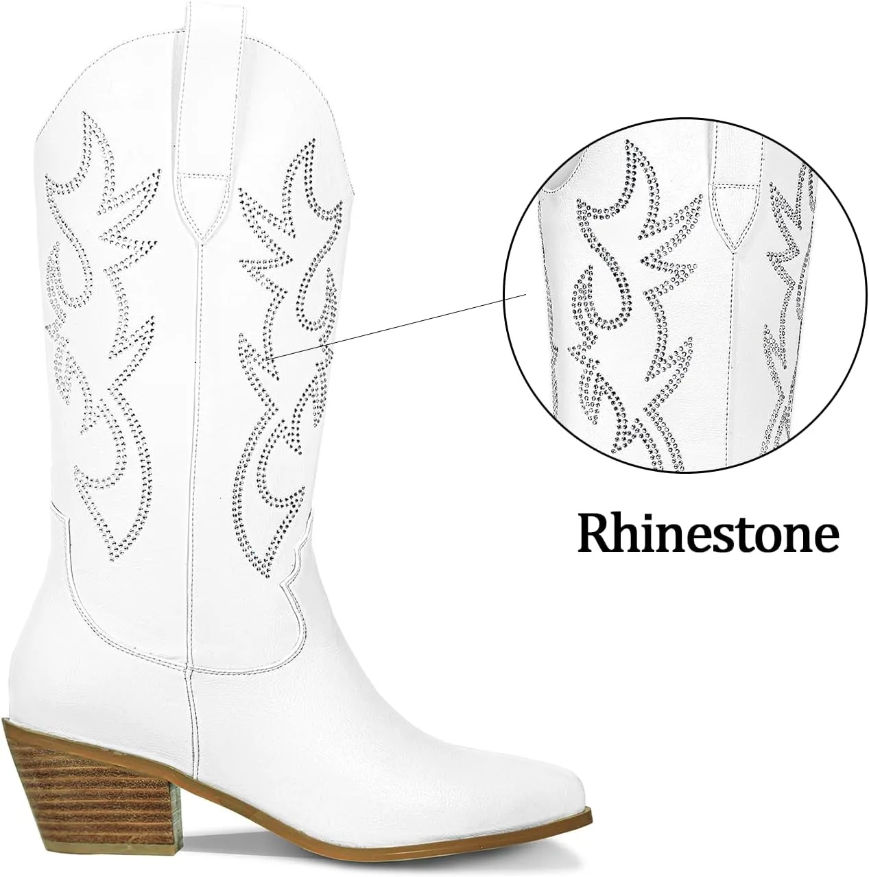 Women's Cowgirl Embroidered Western Cowboy Boots, Mid Calf Booties Pointed Toe Chunky Heel Pull On Fashion Design for Ladies, Party and Outdoor