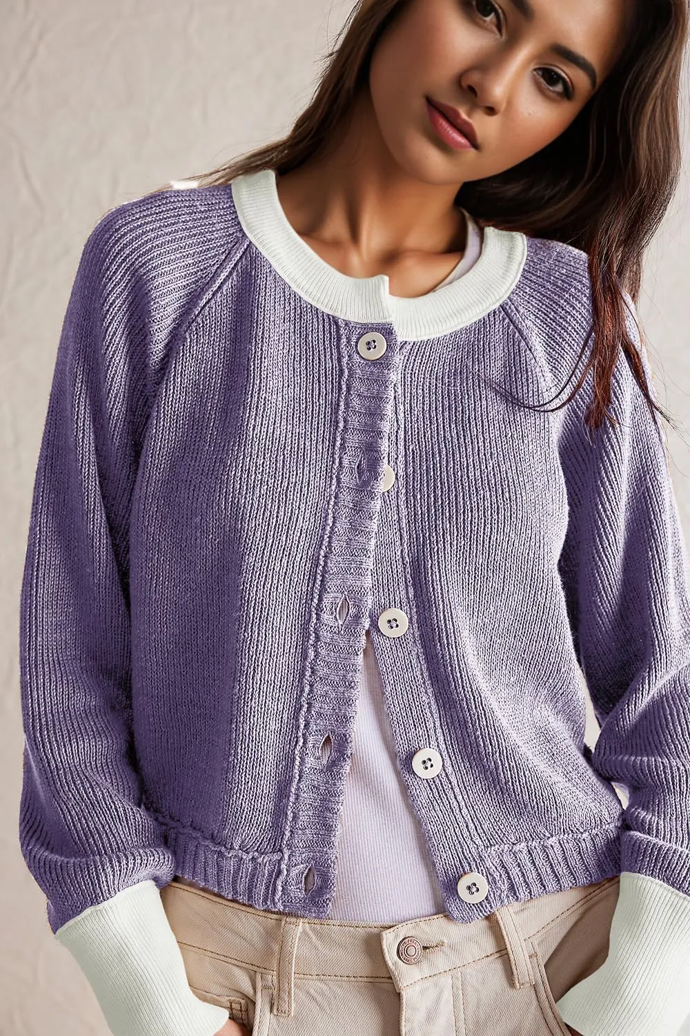 Women's Cropped Cardigan Sweaters Fall Long Sleeve Open Front Cardigans Button Down Color Block Crewneck Knit Outwear Coats
