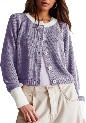 Women's Cropped Cardigan Sweaters Fall Long Sleeve Open Front Cardigans Button Down Color Block Crewneck Knit Outwear Coats