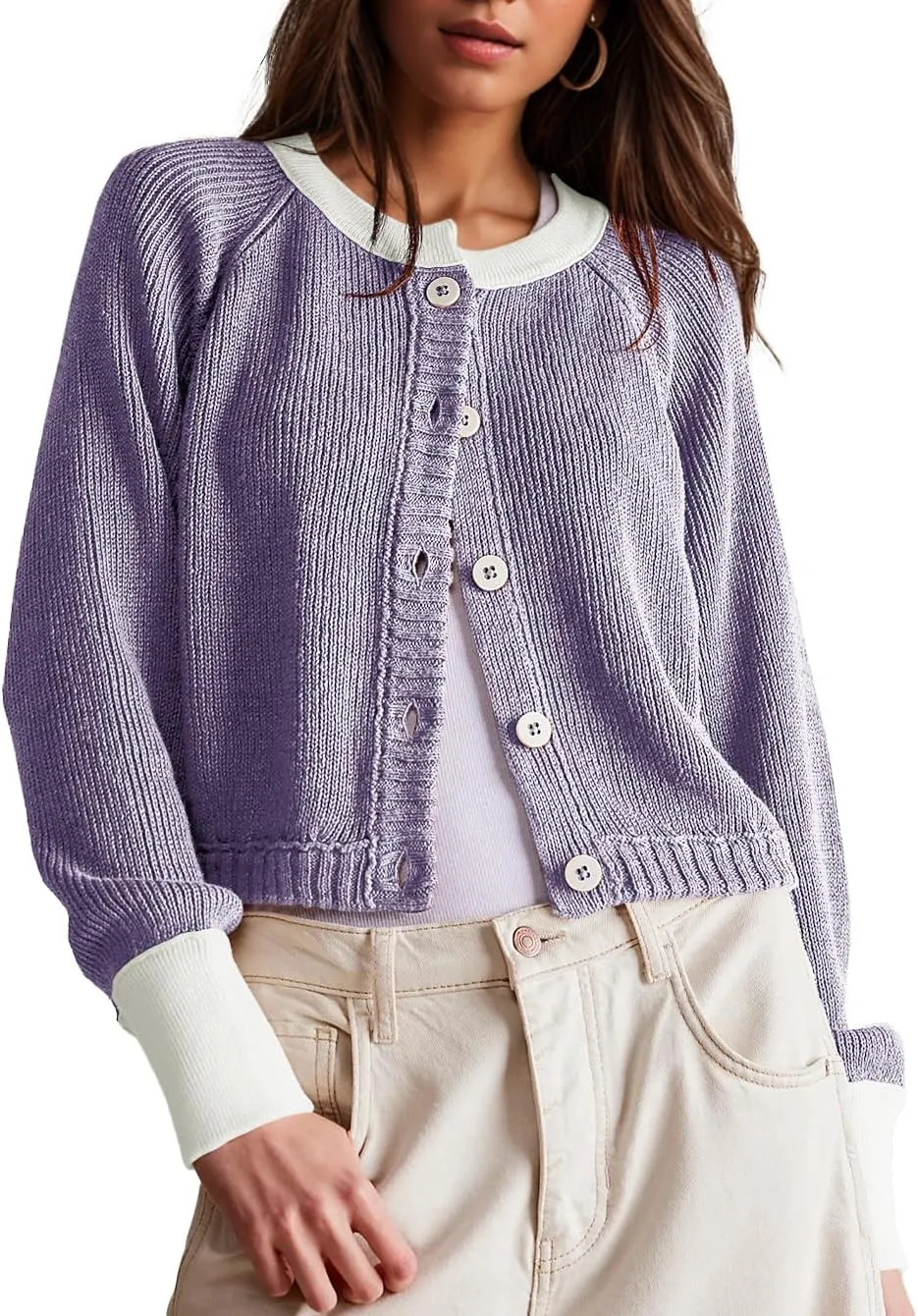 Women's Cropped Cardigan Sweaters Fall Long Sleeve Open Front Cardigans Button Down Color Block Crewneck Knit Outwear Coats