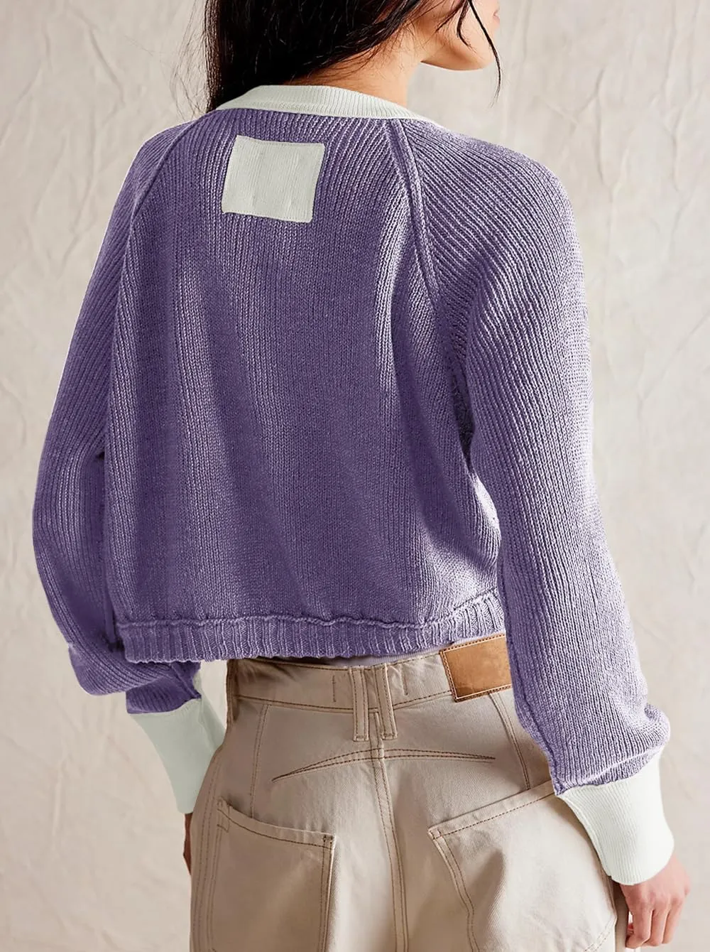 Women's Cropped Cardigan Sweaters Fall Long Sleeve Open Front Cardigans Button Down Color Block Crewneck Knit Outwear Coats