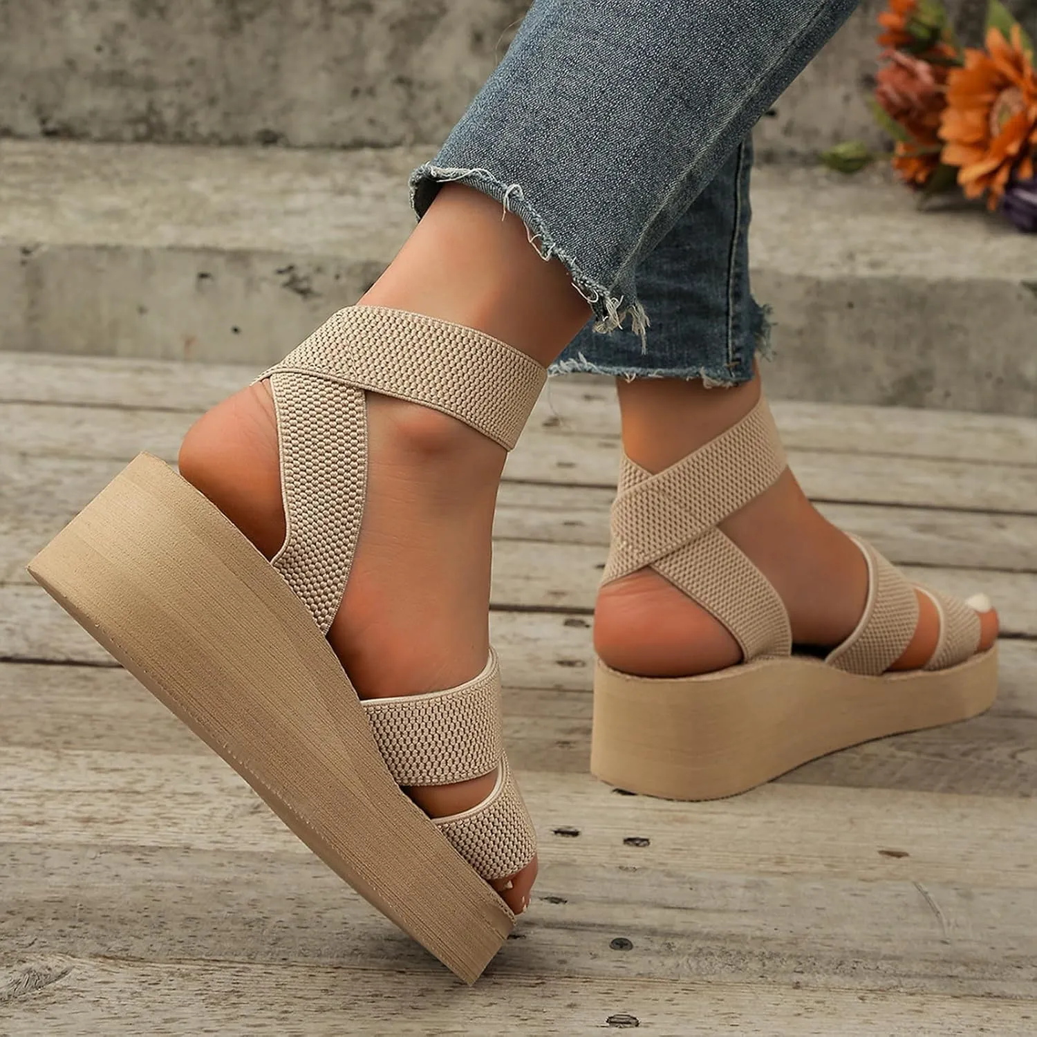 Women's Elastic Ankle Strap Platform Sandals Summer Open Toe Wedge Sandals Fashionable Beach Gladiator Sandals