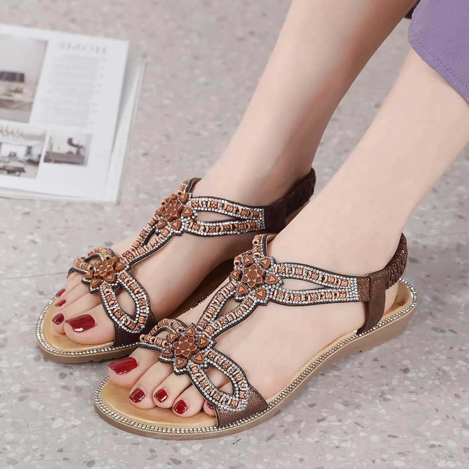 Womens Flat Sandals Summer Dressy Comfortable Rhinestone Sandals Flowers Cute Beach Boho Flip Flops Casual Vacation Dress Walking Shoes