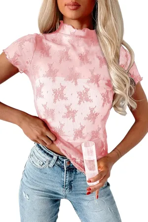 Womens Floral Sheer Mesh Lace Tops Mock Neck Short Sleeve Shirt Sexy See Through Top Y2k Blouses