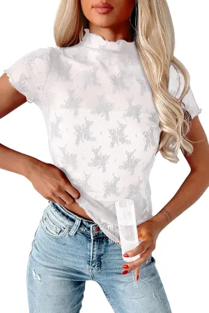 Womens Floral Sheer Mesh Lace Tops Mock Neck Short Sleeve Shirt Sexy See Through Top Y2k Blouses