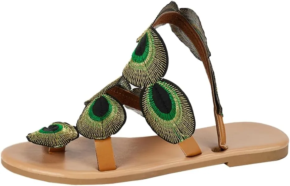 Womens Gladiator Sandals Peacock Boho Sandals Elastic Ankle Strap Sandals Summer Beach Open Toe Shoes 2025
