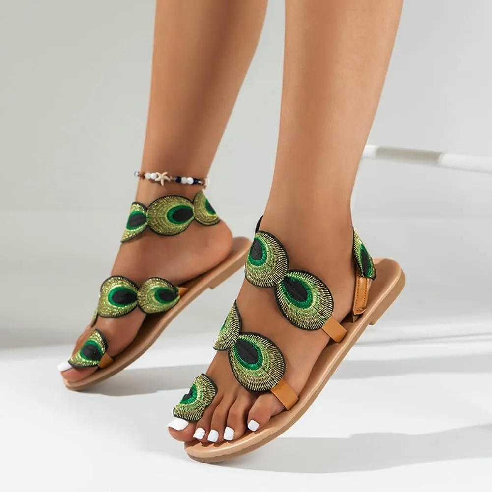Womens Gladiator Sandals Peacock Boho Sandals Elastic Ankle Strap Sandals Summer Beach Open Toe Shoes 2025