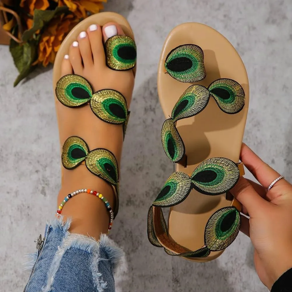 Womens Gladiator Sandals Peacock Boho Sandals Elastic Ankle Strap Sandals Summer Beach Open Toe Shoes 2025