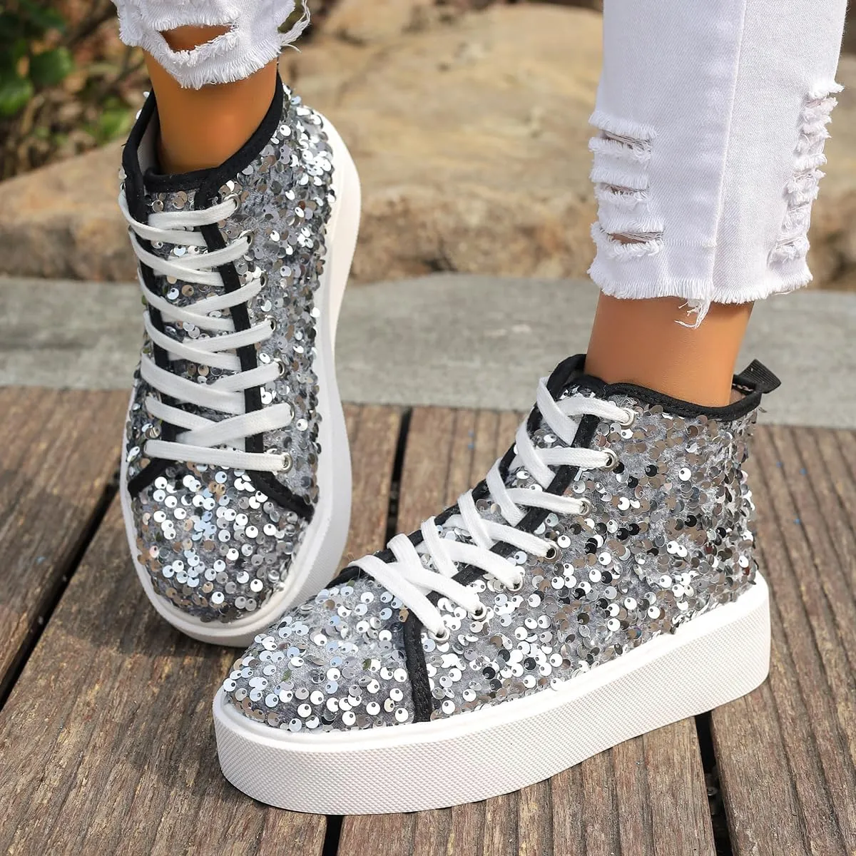 Women's High Top Canvas Shoes Casual Lace up Fashion Sneaker Shoes Rhinestone Bling Wedding Bridal Shoes Shiny Sequin Shoes