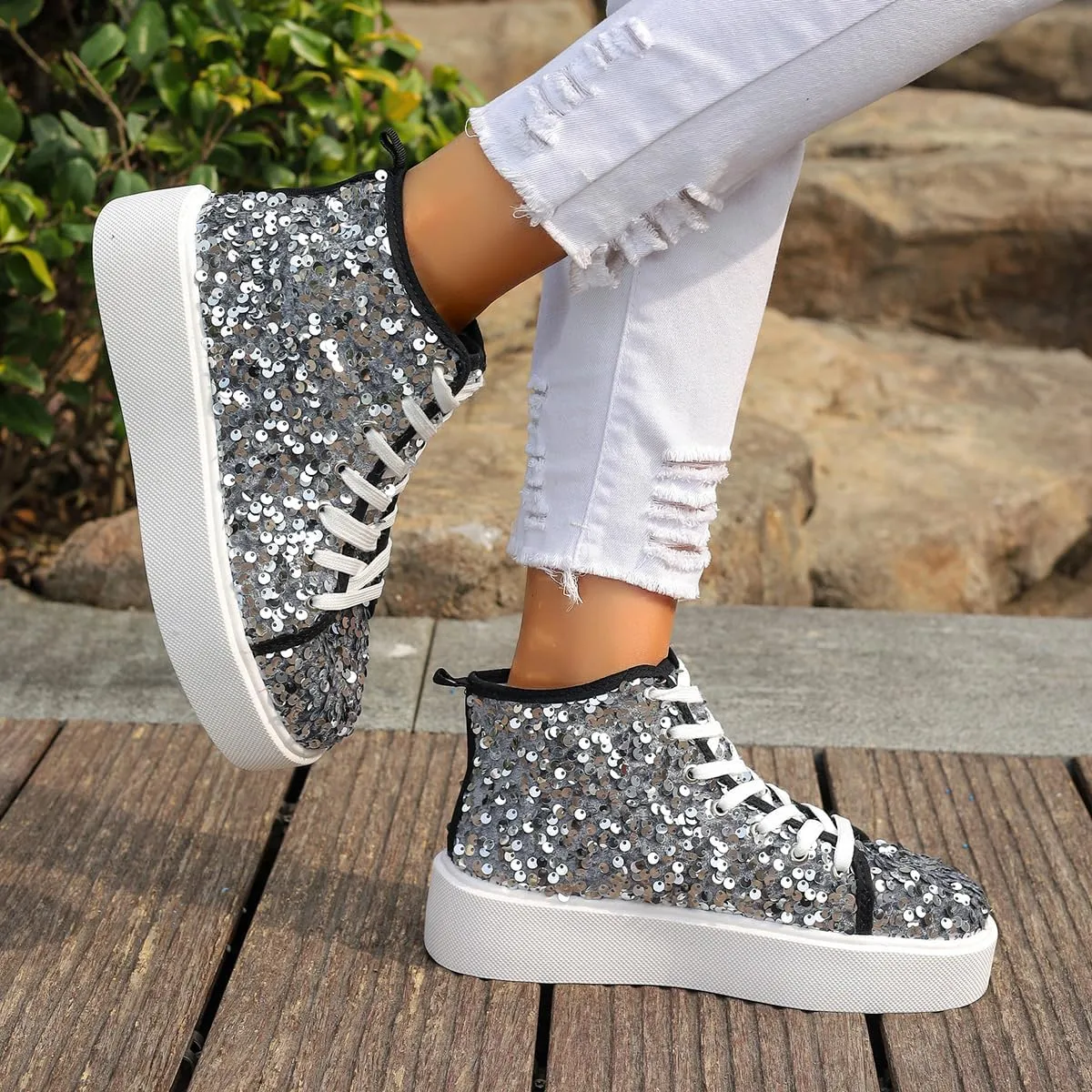 Women's High Top Canvas Shoes Casual Lace up Fashion Sneaker Shoes Rhinestone Bling Wedding Bridal Shoes Shiny Sequin Shoes