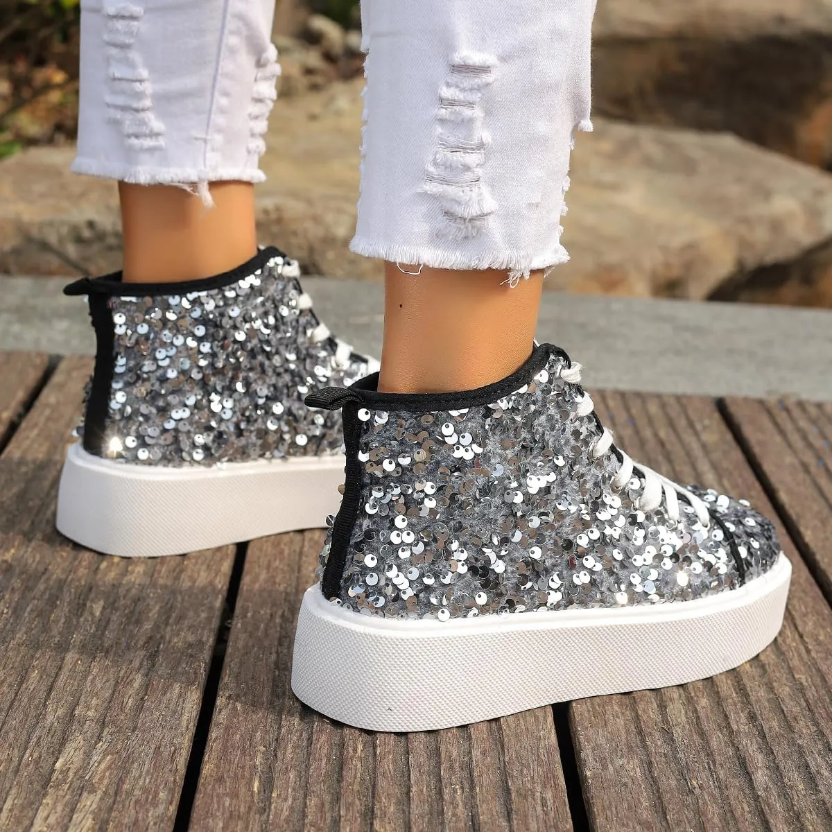 Women's High Top Canvas Shoes Casual Lace up Fashion Sneaker Shoes Rhinestone Bling Wedding Bridal Shoes Shiny Sequin Shoes