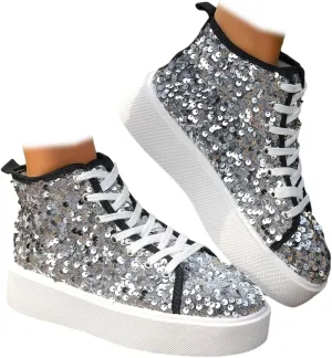 Women's High Top Canvas Shoes Casual Lace up Fashion Sneaker Shoes Rhinestone Bling Wedding Bridal Shoes Shiny Sequin Shoes