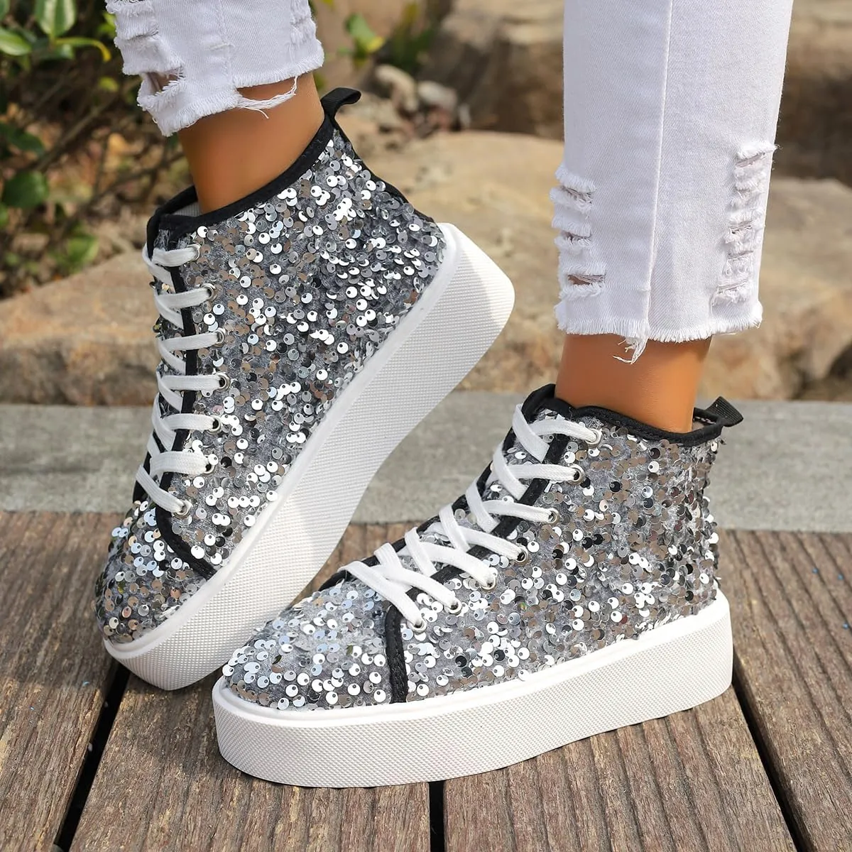 Women's High Top Canvas Shoes Casual Lace up Fashion Sneaker Shoes Rhinestone Bling Wedding Bridal Shoes Shiny Sequin Shoes